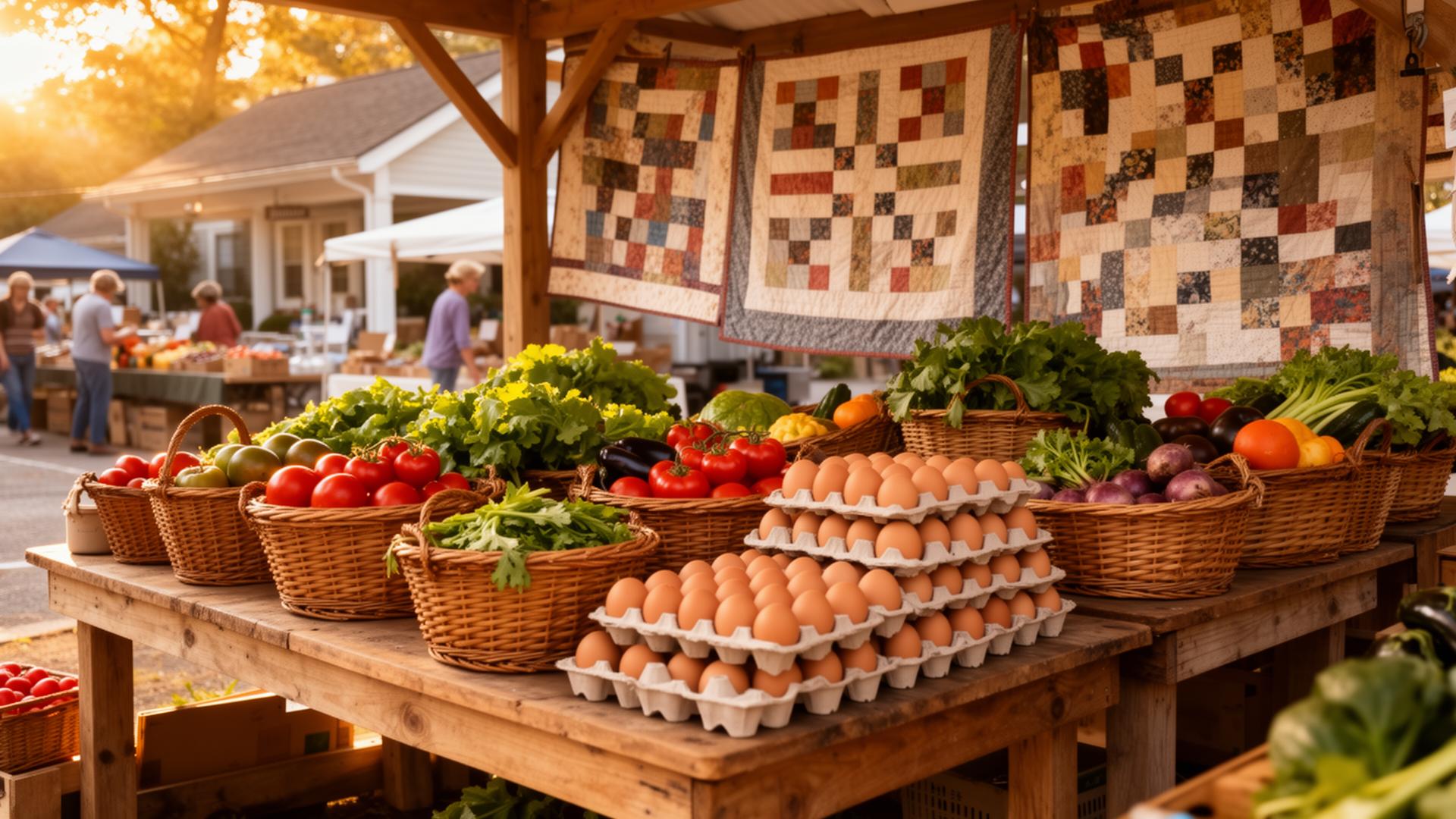 York County farmers market with fresh produce, eggs, and handmade quilts